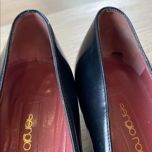 Sergio Rossi Black Leather Pumps Gold Buckle Square Toe Heels Classic Designer - Picture 8 of 13
